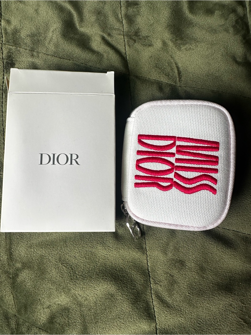 Dior White Canvas Zip Card Holder with Pink Embroidered Logo